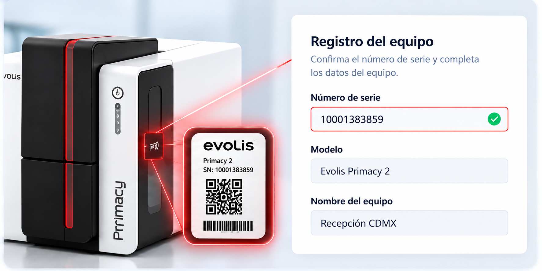 Ilustración del registro: número de serie, modelo y nombre del equipo.