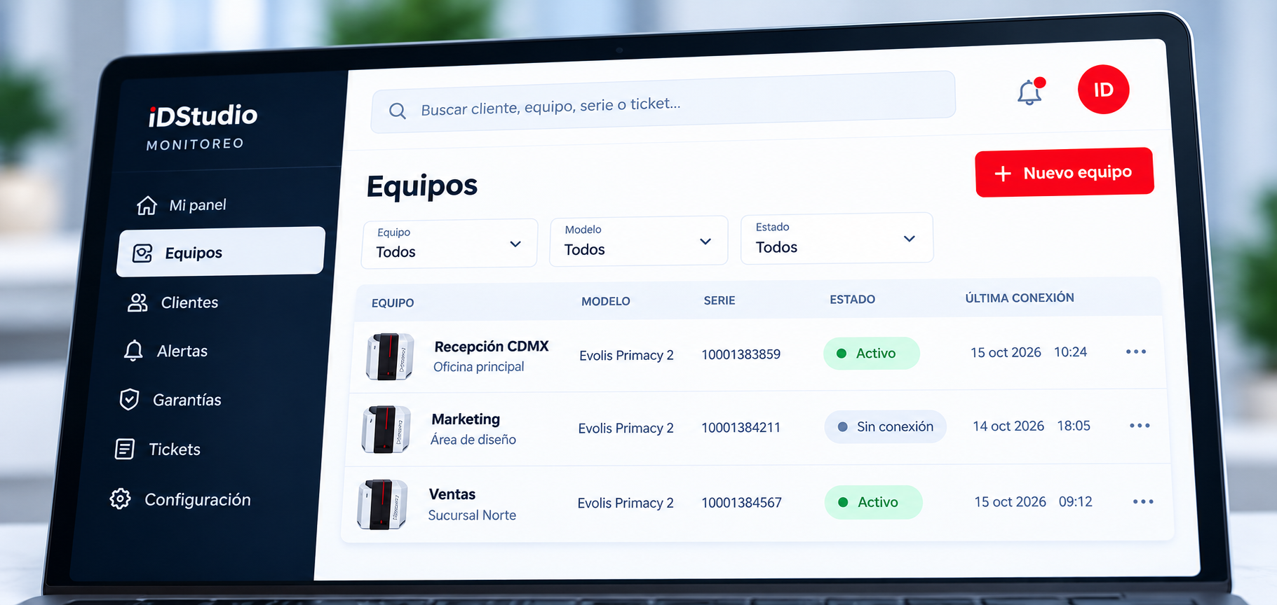 Panel de equipos iDSTUDiO con Recepción CDMX y Ventas en estado activo.