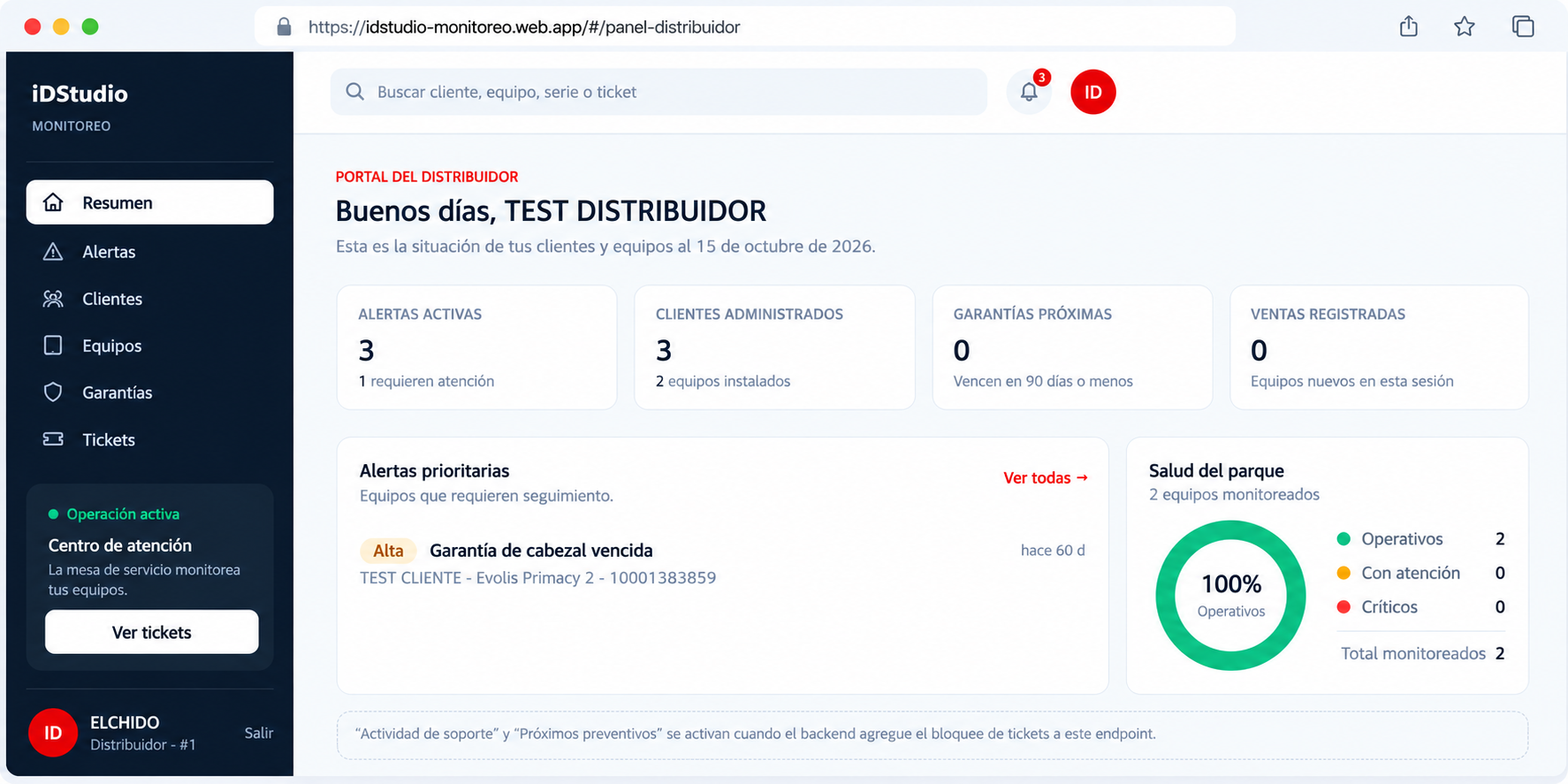 Panel del distribuidor iDSTUDiO: alertas prioritarias, salud del parque y garantías próximas.